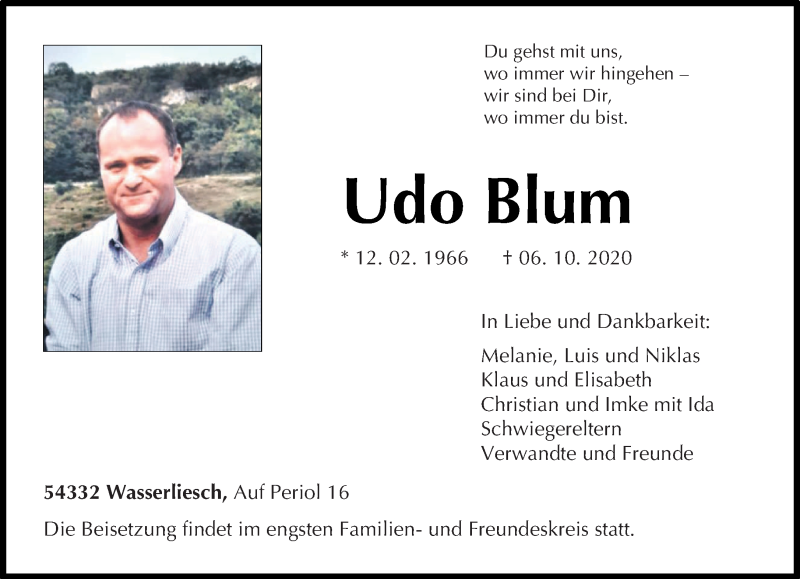  Traueranzeige für Udo Blum vom 10.10.2020 aus trierischer_volksfreund