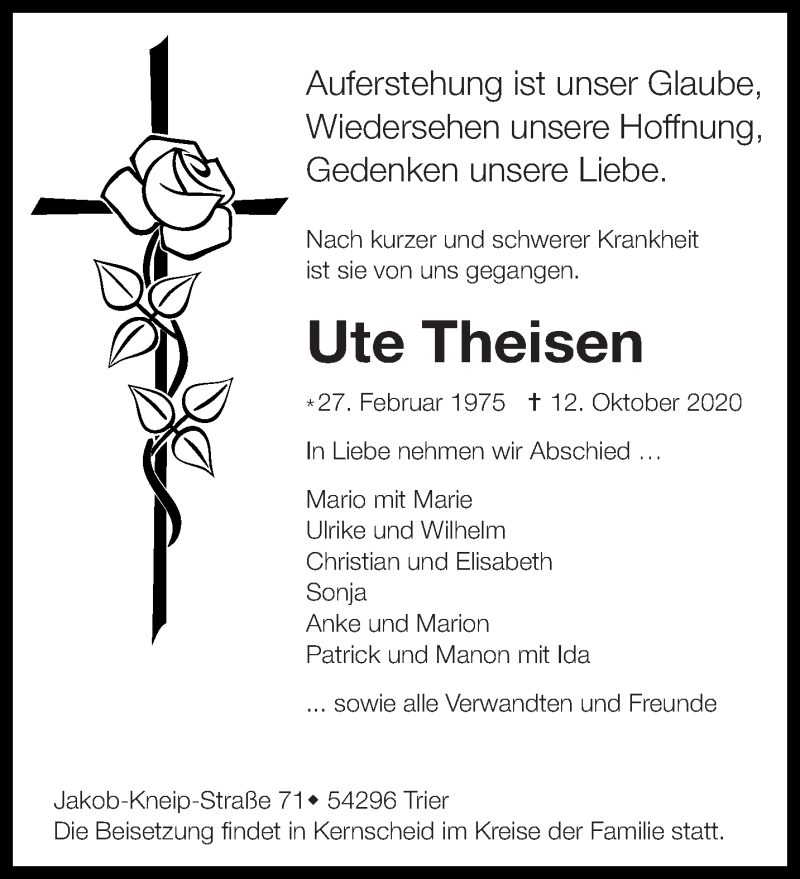  Traueranzeige für Ute Theisen vom 20.10.2020 aus trierischer_volksfreund