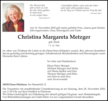 Traueranzeige von Christina Margareta Metzger von trierischer_volksfreund