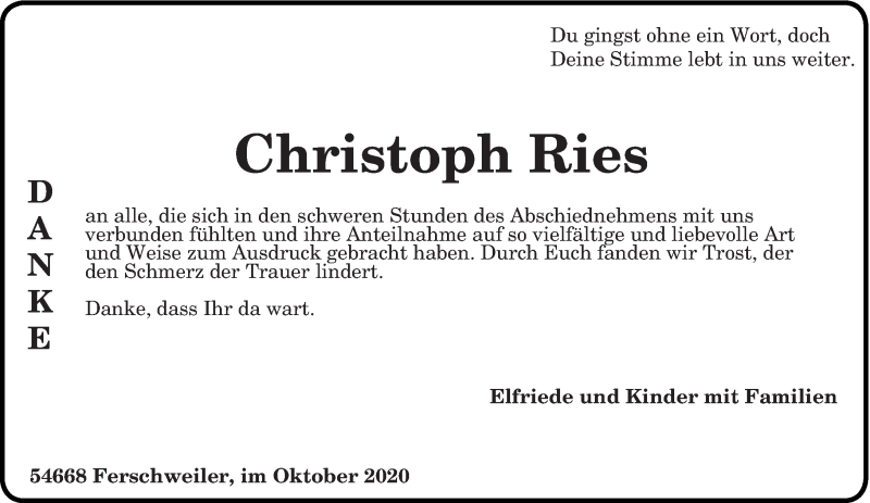  Traueranzeige für Christoph Ries vom 31.10.2020 aus trierischer_volksfreund
