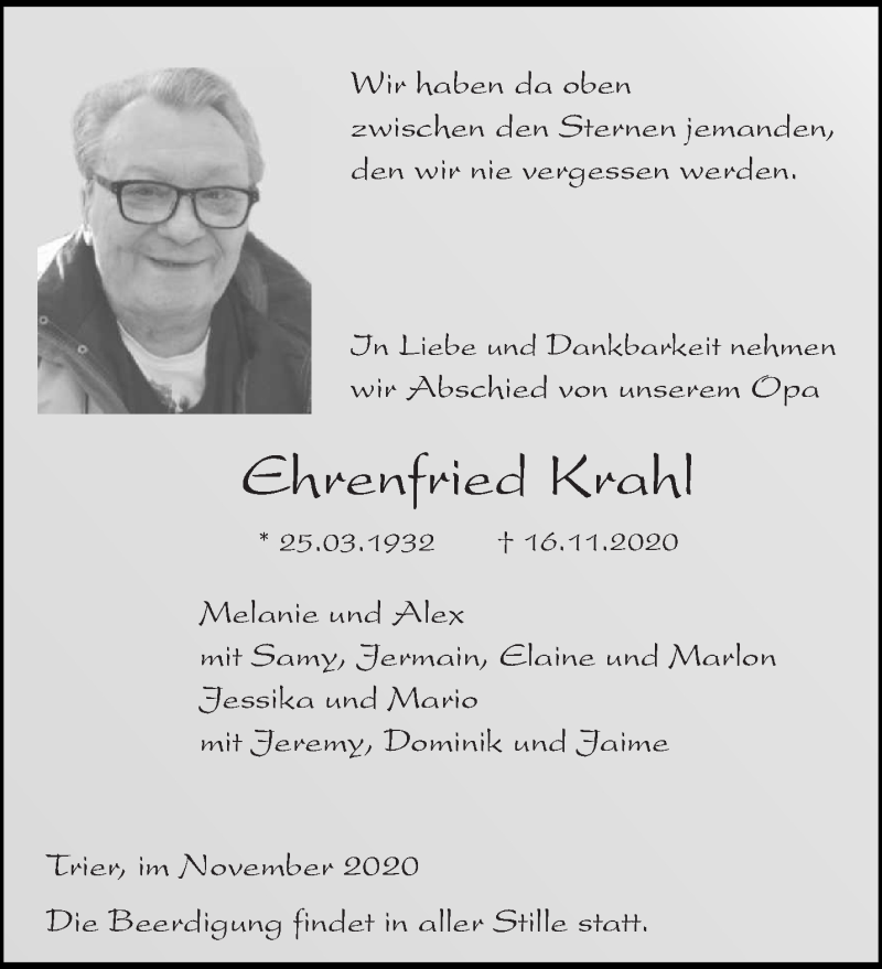  Traueranzeige für Ehrenfried Krahl vom 21.11.2020 aus trierischer_volksfreund