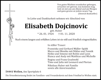 Traueranzeige von Elisabeth Dojcinovic von trierischer_volksfreund