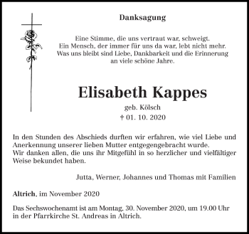 Traueranzeige von Elisabeth Kappes von trierischer_volksfreund