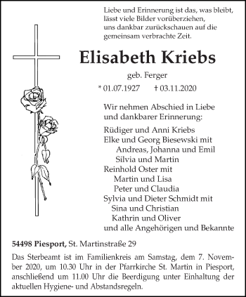 Traueranzeige von Elisabeth Kriebs von trierischer_volksfreund