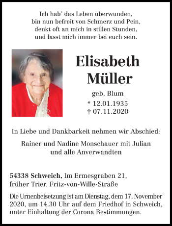 Traueranzeige von Elisabeth Müller von trierischer_volksfreund