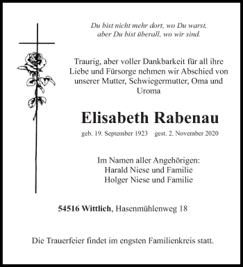 Traueranzeige von Elisabeth Rabenau von trierischer_volksfreund