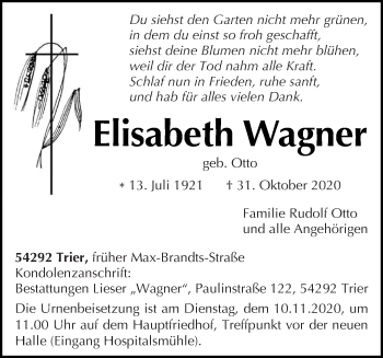 Traueranzeige von Elisabeth Wagner von trierischer_volksfreund