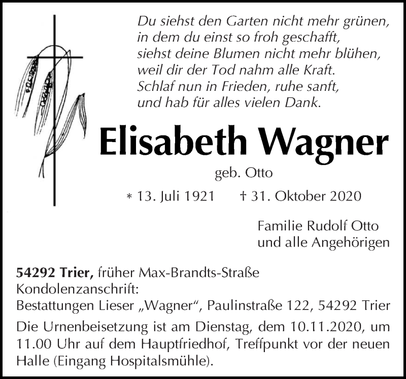  Traueranzeige für Elisabeth Wagner vom 04.11.2020 aus trierischer_volksfreund