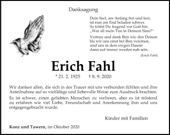 Traueranzeige von Erich Fahl von trierischer_volksfreund