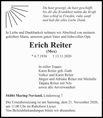 Traueranzeige von Erich Reiter von trierischer_volksfreund
