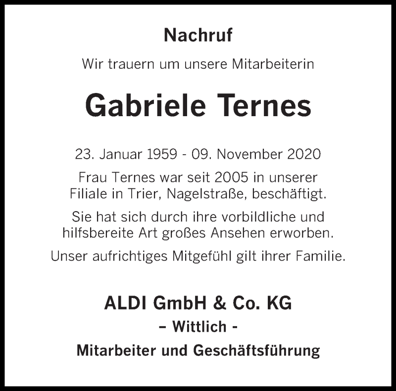  Traueranzeige für Gabriele Ternes vom 13.11.2020 aus trierischer_volksfreund
