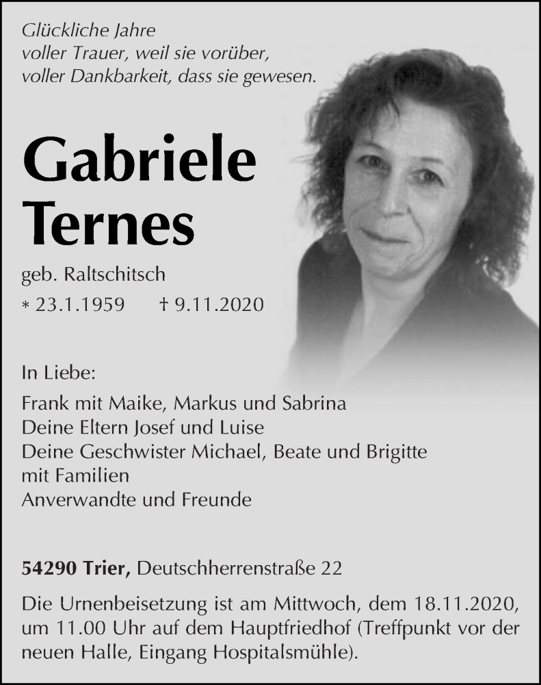  Traueranzeige für Gabriele Ternes vom 13.11.2020 aus trierischer_volksfreund