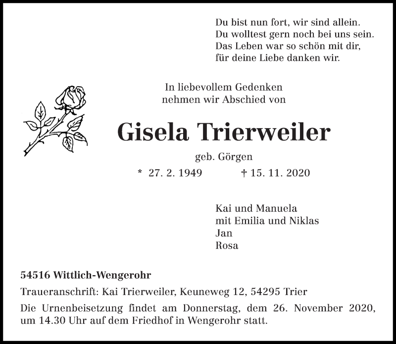  Traueranzeige für Gisela Trierweiler vom 21.11.2020 aus trierischer_volksfreund
