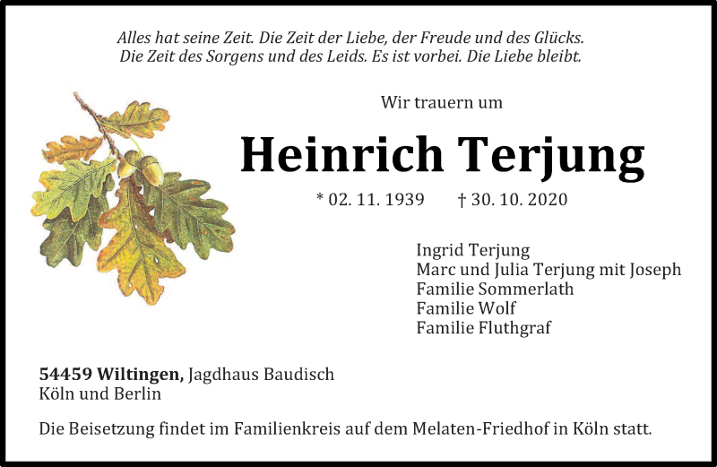  Traueranzeige für Heinrich Terjung vom 06.11.2020 aus trierischer_volksfreund