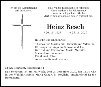 Traueranzeige von Heinz Resch von trierischer_volksfreund