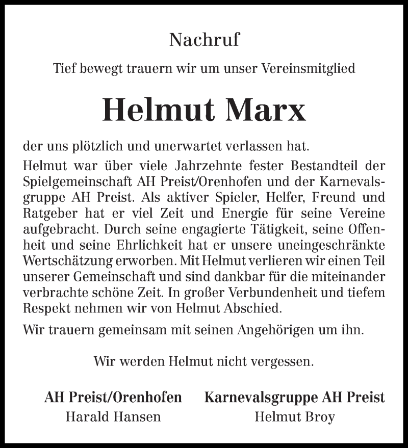  Traueranzeige für Helmut Marx vom 21.11.2020 aus trierischer_volksfreund