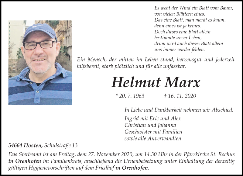  Traueranzeige für Helmut Marx vom 21.11.2020 aus trierischer_volksfreund