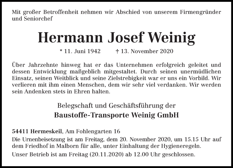  Traueranzeige für Hermann Josef Weinig vom 17.11.2020 aus trierischer_volksfreund