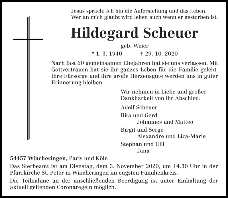  Traueranzeige für Hildegard Scheuer vom 31.10.2020 aus trierischer_volksfreund