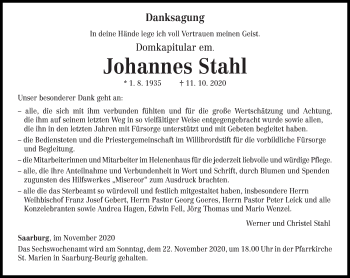 Traueranzeige von Johannes Stahl von trierischer_volksfreund