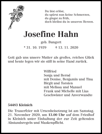 Traueranzeige von Josefine Hahn von trierischer_volksfreund