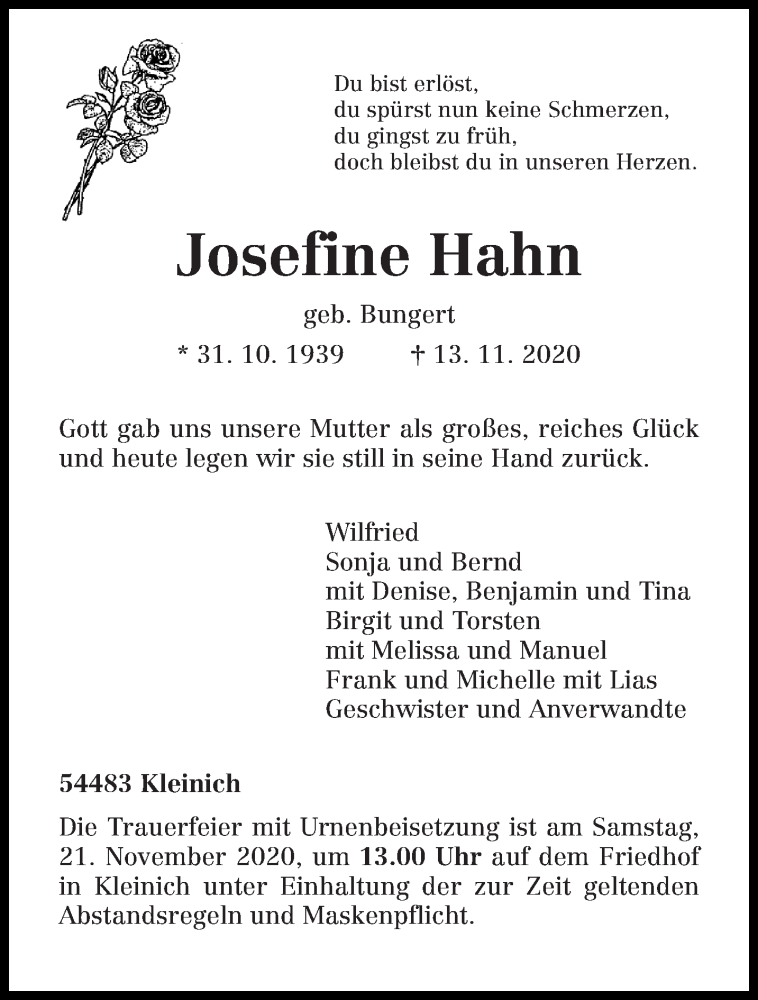  Traueranzeige für Josefine Hahn vom 18.11.2020 aus trierischer_volksfreund