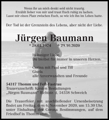 Traueranzeige von Jürgen Baumann von trierischer_volksfreund