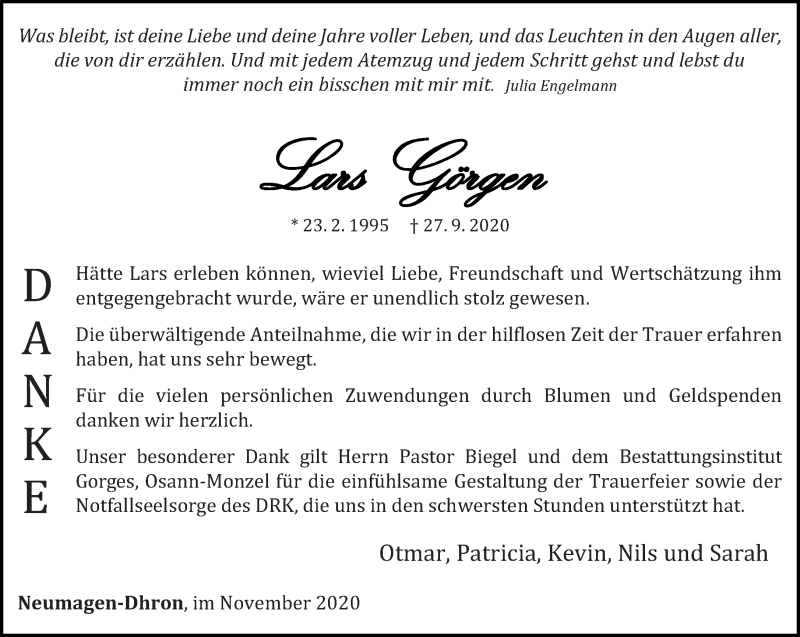  Traueranzeige für Lars Görgen vom 28.11.2020 aus trierischer_volksfreund