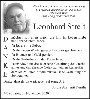 Traueranzeigen von Leonhard Streit | Volksfreund.Trauer.de