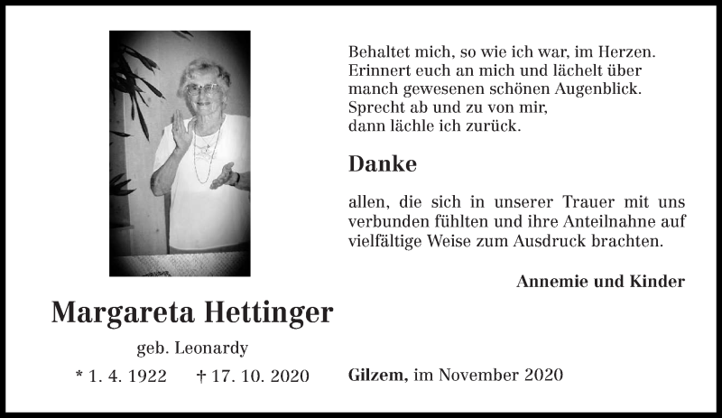  Traueranzeige für MArgareta Hettinger vom 28.11.2020 aus trierischer_volksfreund