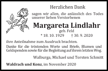 Traueranzeige von Margareta Lindlahr von trierischer_volksfreund
