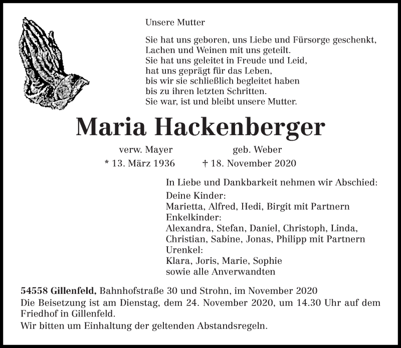  Traueranzeige für Maria Hackenberger vom 21.11.2020 aus trierischer_volksfreund
