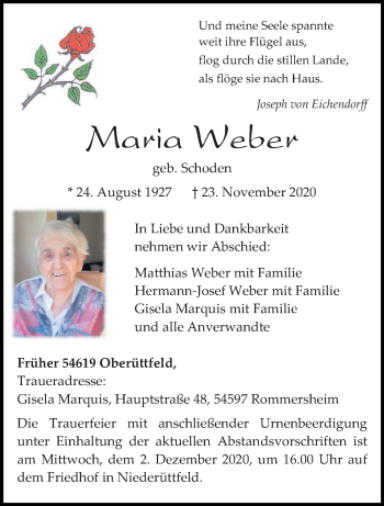 Traueranzeige von Maria Weber von trierischer_volksfreund