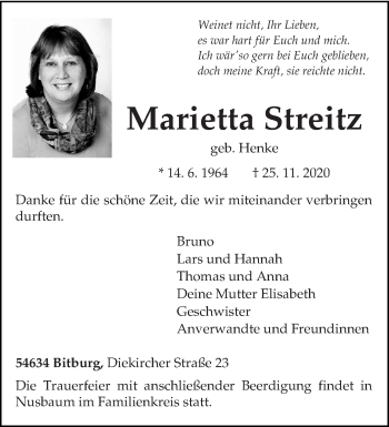 Traueranzeige von Marietta Streitz von trierischer_volksfreund