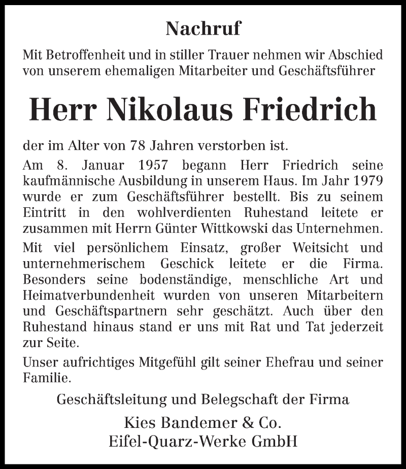  Traueranzeige für Nikolaus Friedrich vom 21.11.2020 aus trierischer_volksfreund