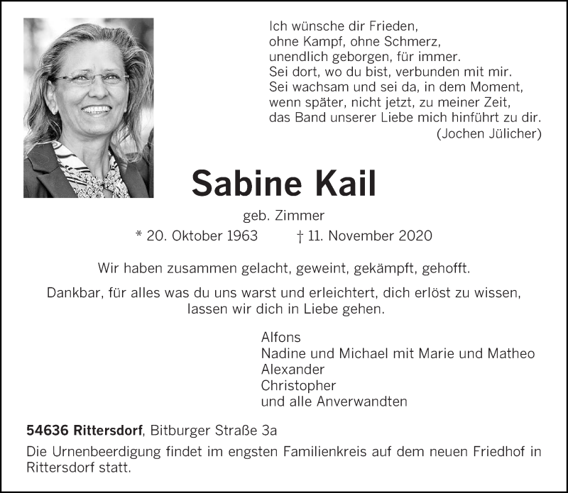  Traueranzeige für Sabine Kail vom 18.11.2020 aus trierischer_volksfreund
