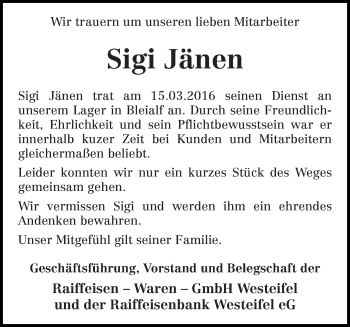 Traueranzeige von Sigi Jänen von trierischer_volksfreund