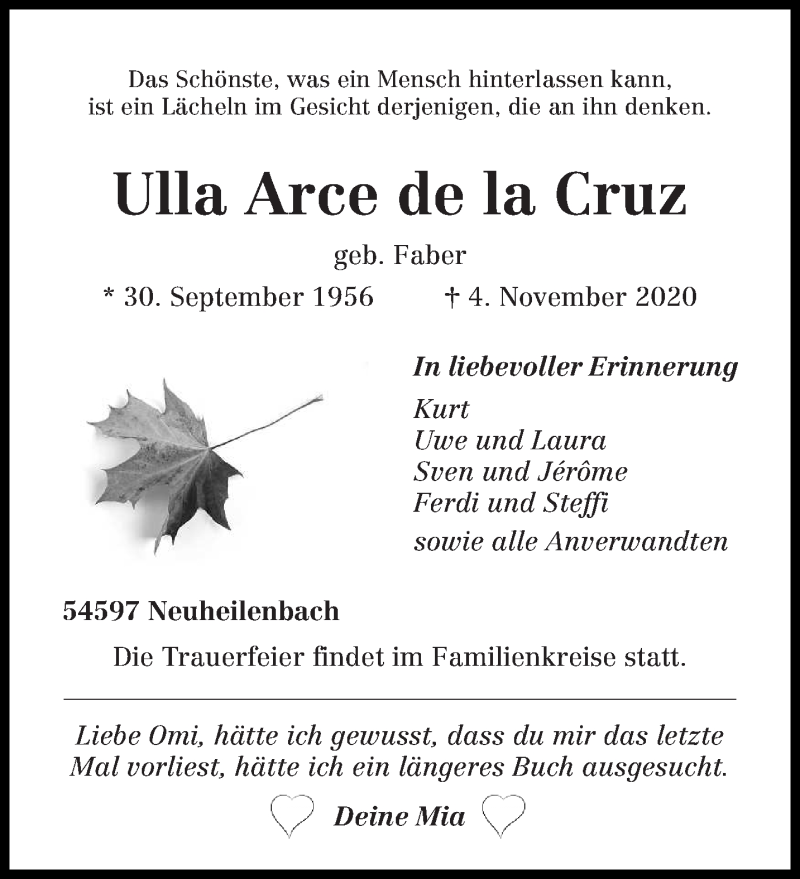  Traueranzeige für Ulla Arce de la Cruz vom 07.11.2020 aus trierischer_volksfreund