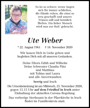 Traueranzeige von Ute Weber von trierischer_volksfreund