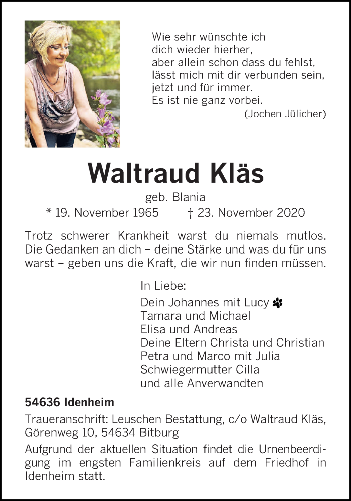  Traueranzeige für Waltraud Kläs vom 25.11.2020 aus trierischer_volksfreund
