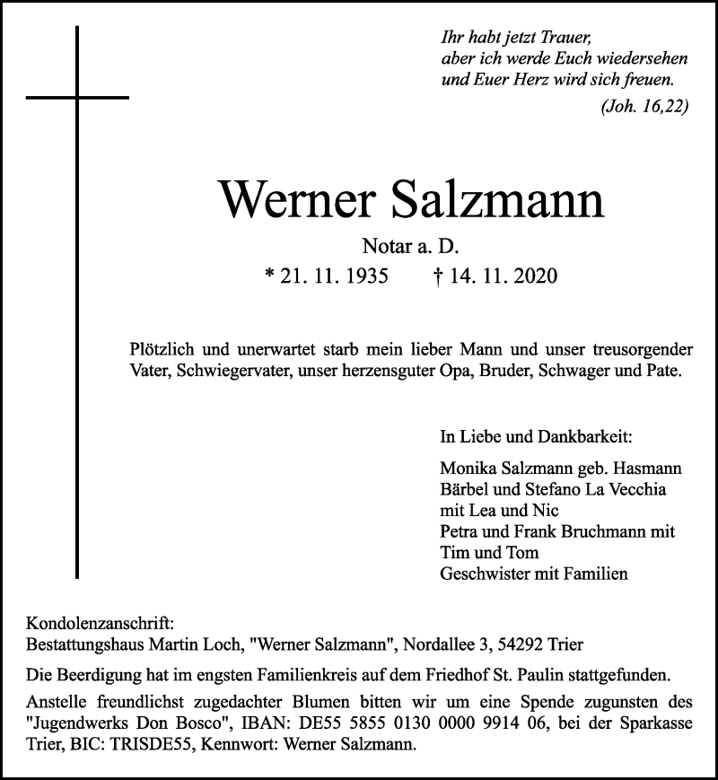  Traueranzeige für Werner Salzmann vom 21.11.2020 aus trierischer_volksfreund
