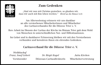 Traueranzeige von Zum Gedenken Caritasverband für die Diözese Trier e. V. von trierischer_volksfreund