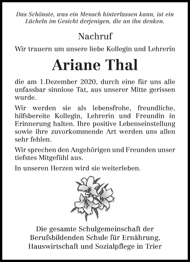  Traueranzeige für Ariane Thal vom 19.12.2020 aus trierischer_volksfreund