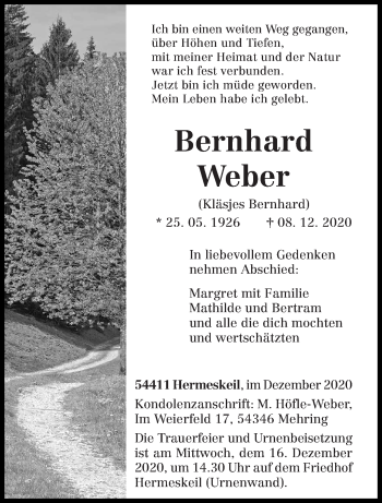 Traueranzeige von Bernhard Weber von trierischer_volksfreund