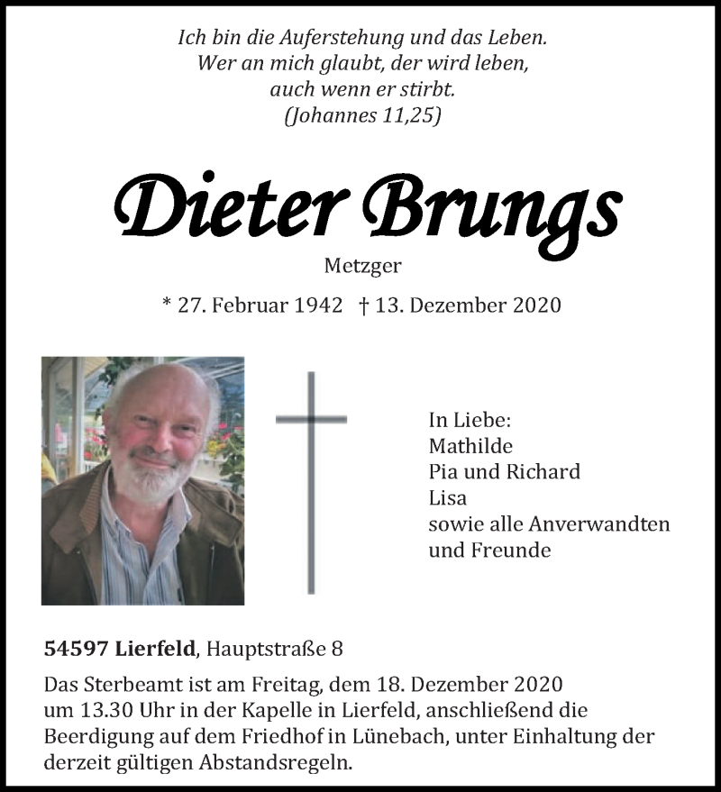  Traueranzeige für Dieter Brungs vom 16.12.2020 aus trierischer_volksfreund