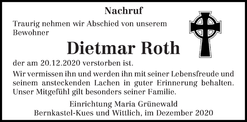  Traueranzeige für Dietmar Roth vom 23.12.2020 aus trierischer_volksfreund