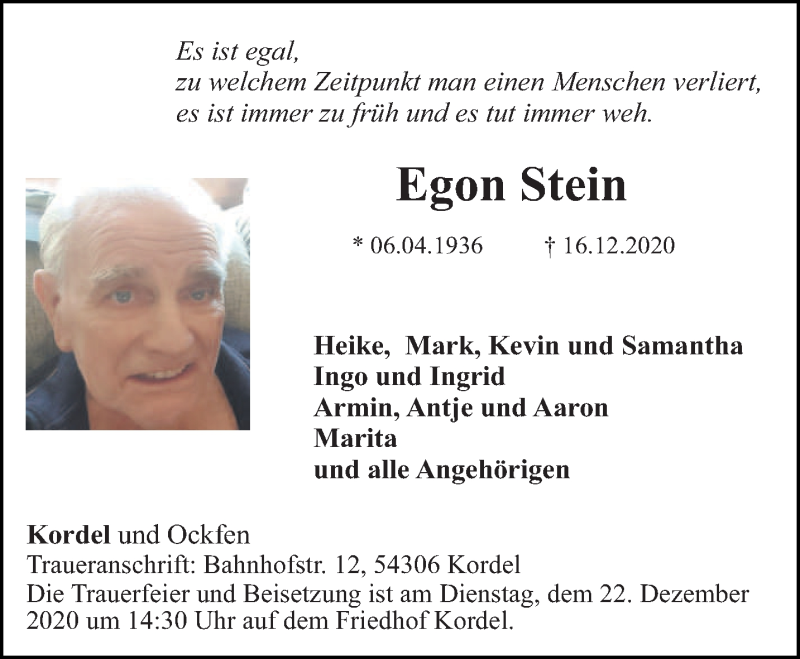  Traueranzeige für Egon Stein vom 19.12.2020 aus trierischer_volksfreund