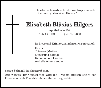 Traueranzeige von Elisabeth Bläsius-Hilgers von trierischer_volksfreund