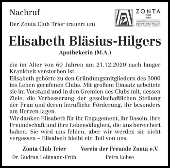 Traueranzeige von Elisabeth Bläsius-Hilgers von trierischer_volksfreund