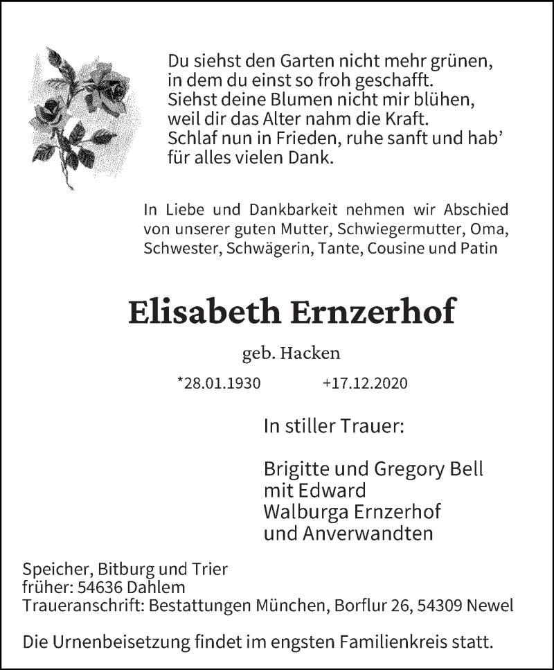  Traueranzeige für Elisabeth Ernzerhof vom 24.12.2020 aus trierischer_volksfreund